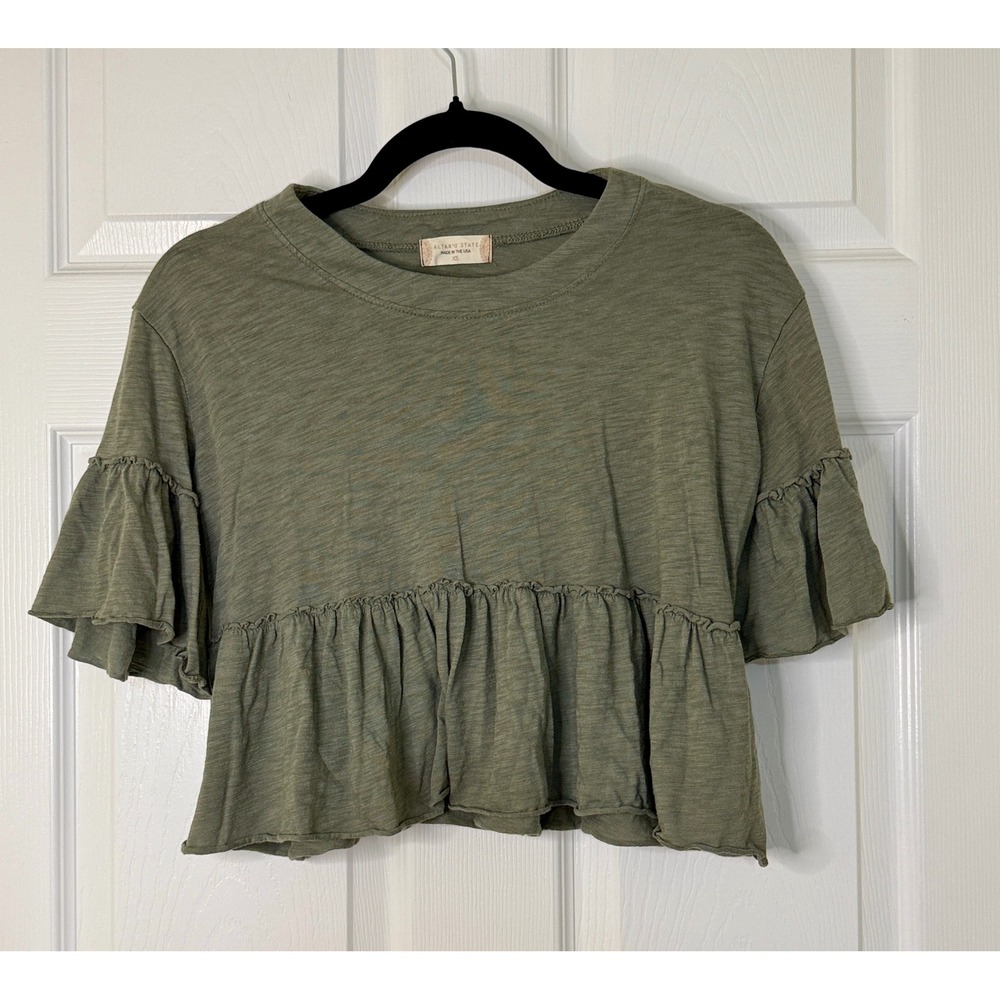 Altar'd State Babydoll Top Women XS Olive Green Excellent Ruffle Slub Knit Boho